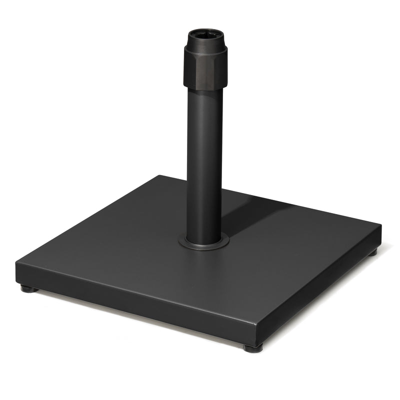 Black steel umbrella base with wide square plate and center support tube