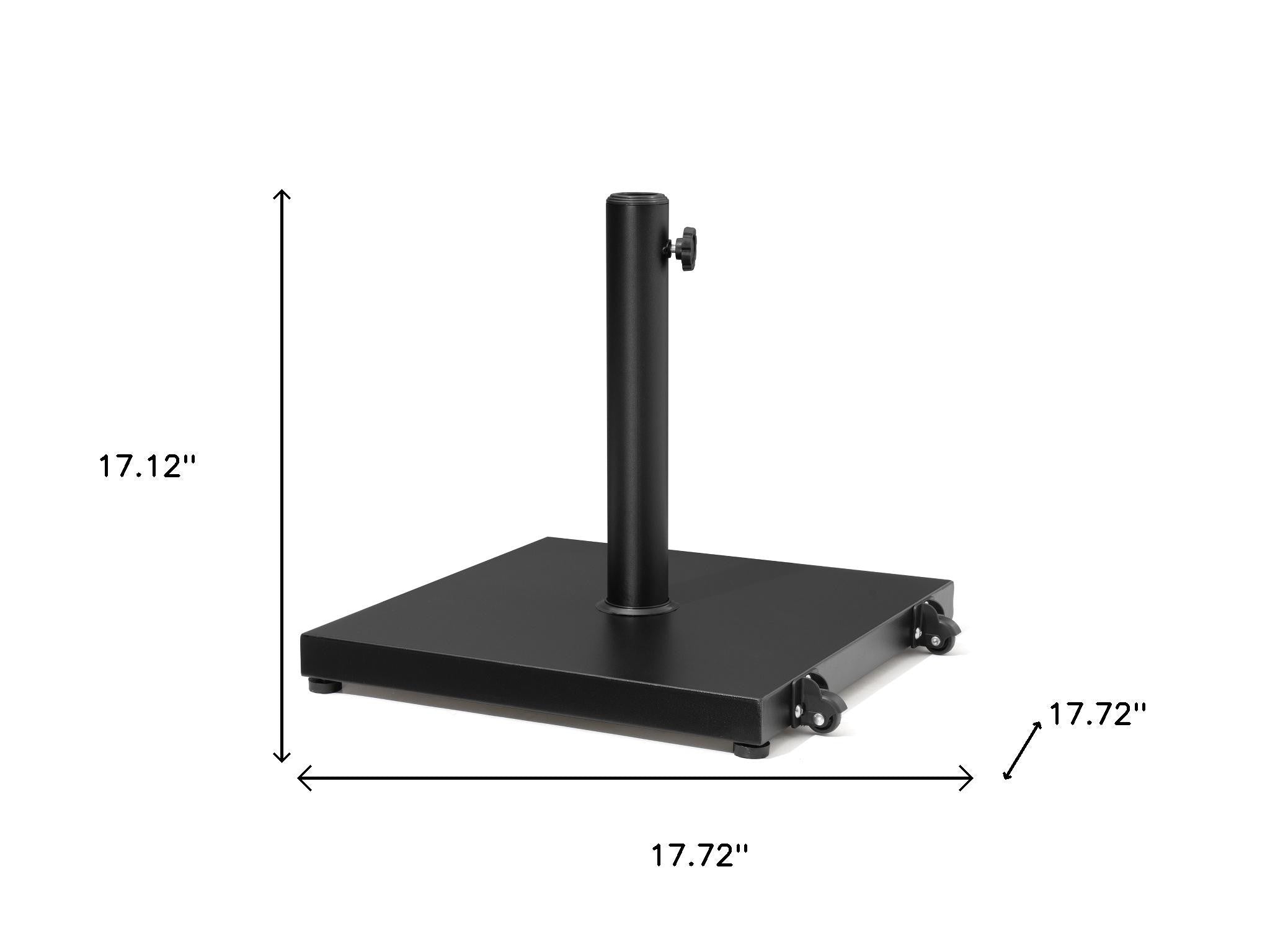 Black umbrella base with central pole, square plate, and rolling wheels