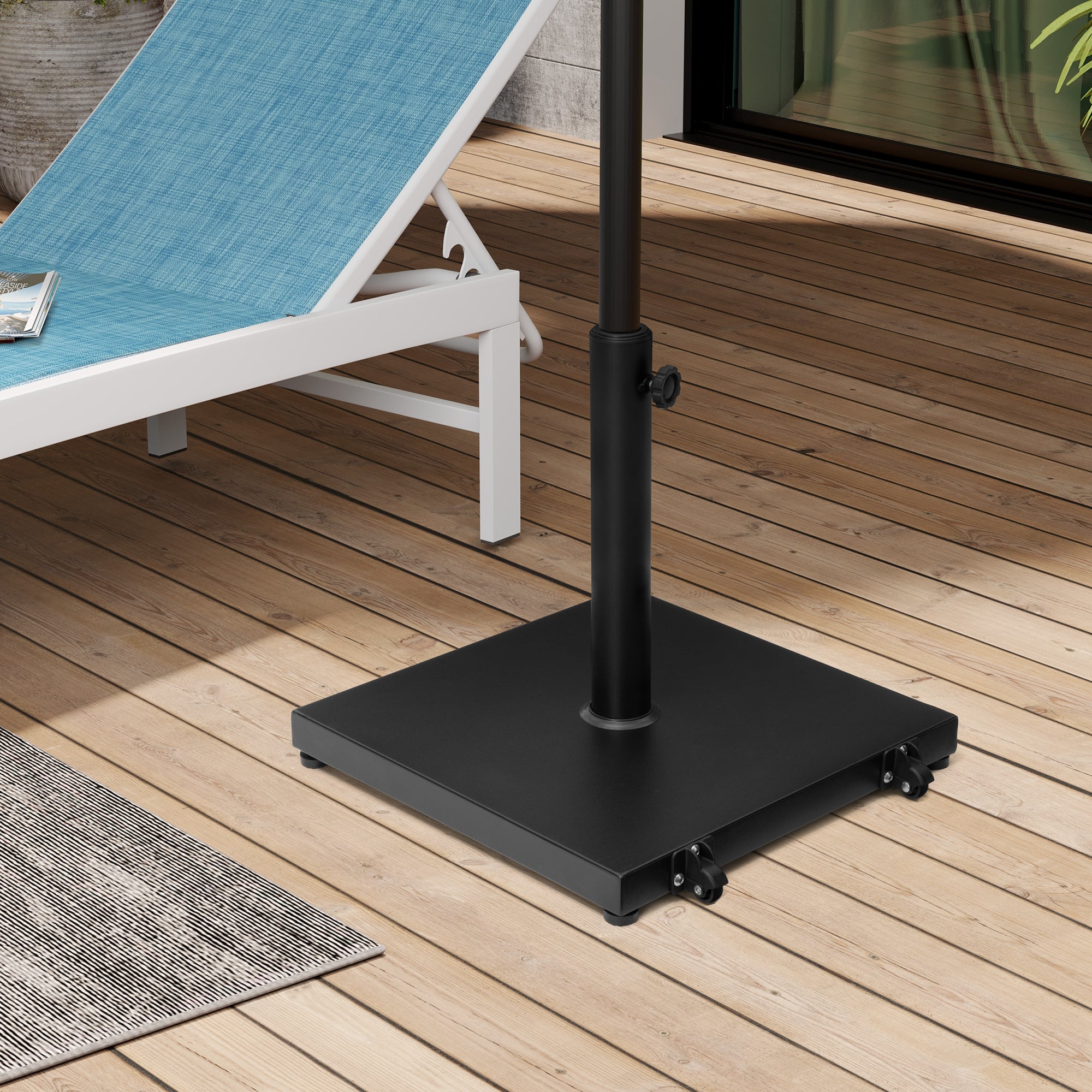 Adjustable umbrella base with black pole and square tray on caster wheels