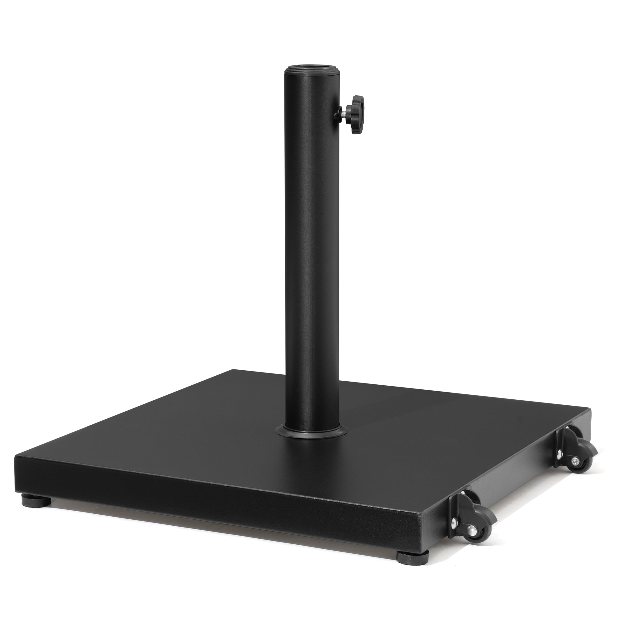Black steel umbrella base: central post on square plate with caster wheels