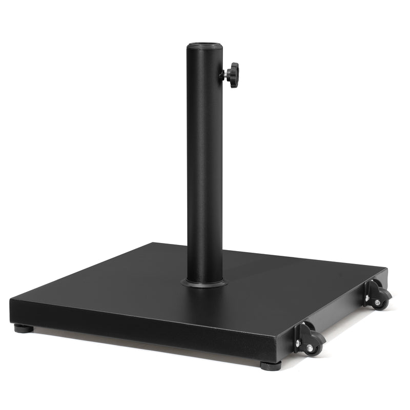 Black steel umbrella base: central post on square plate with caster wheels