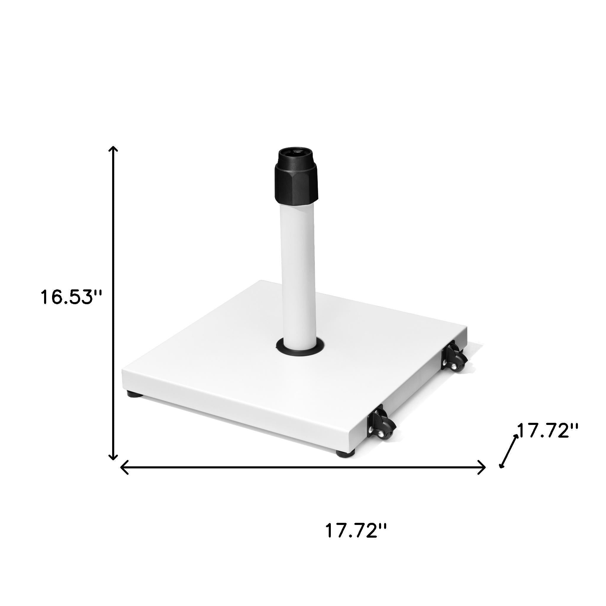 White umbrella base with wheels, steel pole and black in-ground adjustable sleeve