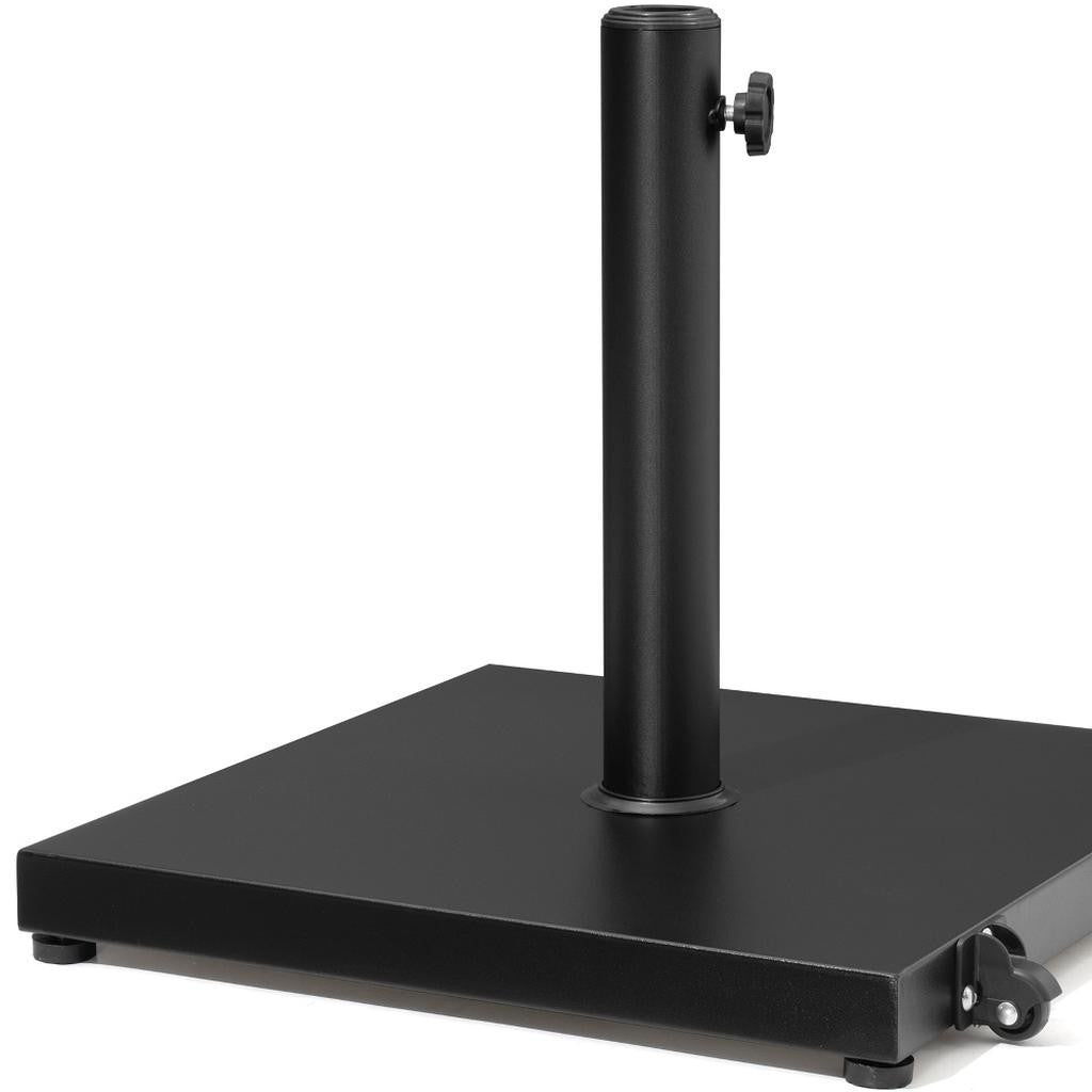 Black umbrella base with central post and square plate on caster wheels