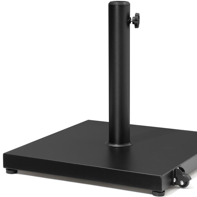 Black umbrella base with central post and square plate on caster wheels