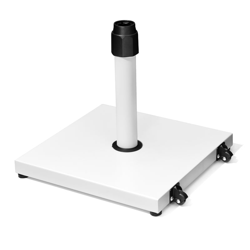 White umbrella base with pole, black sleeve adapter and four caster wheels