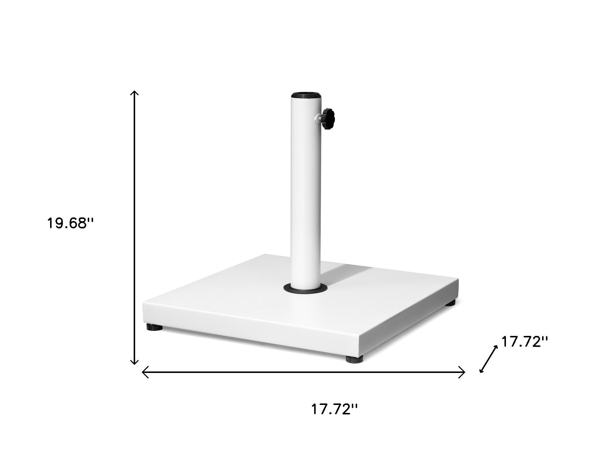 White steel in-ground umbrella base with square weight plate and adjustable pole support