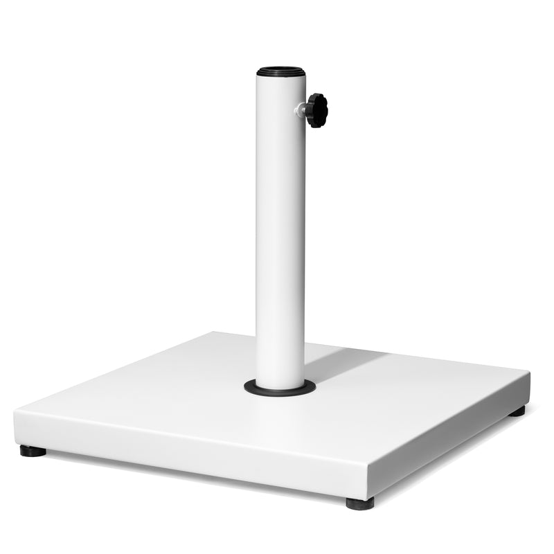 White steel umbrella base with round top collar, black knob, and square base feet