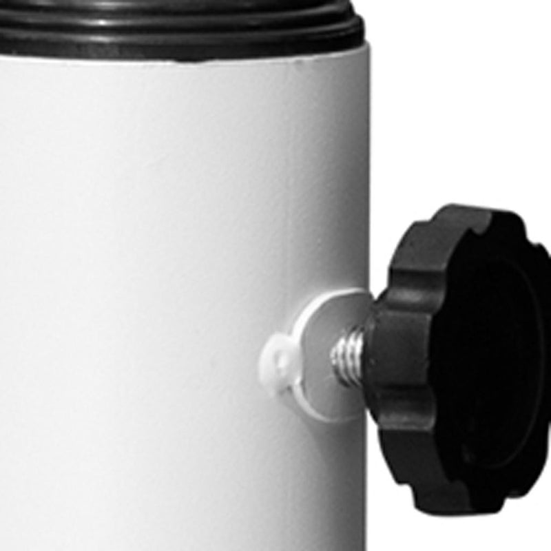 Close-up of white steel umbrella base with black knob and threaded adjustment bolt