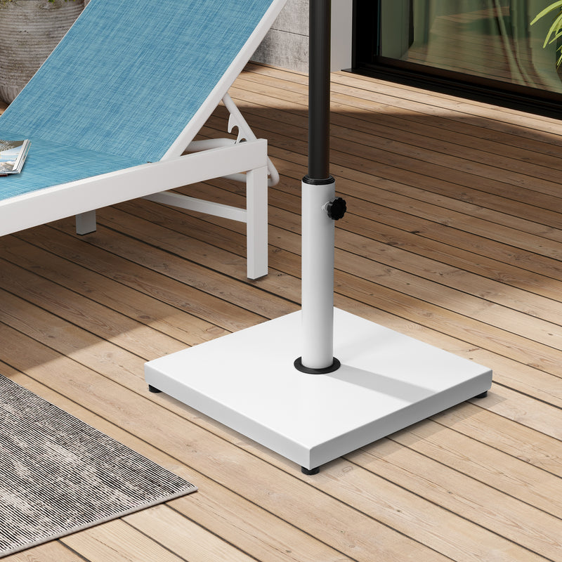White steel in-ground umbrella base with square base, adjustable pole, and black knob