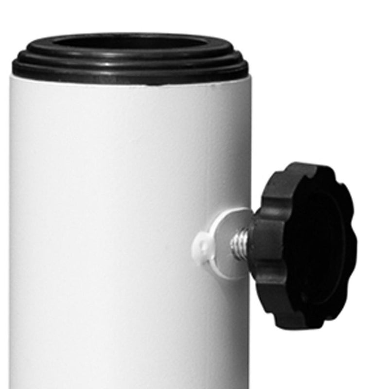 White steel umbrella base post with black wing knob and threaded height adjustment