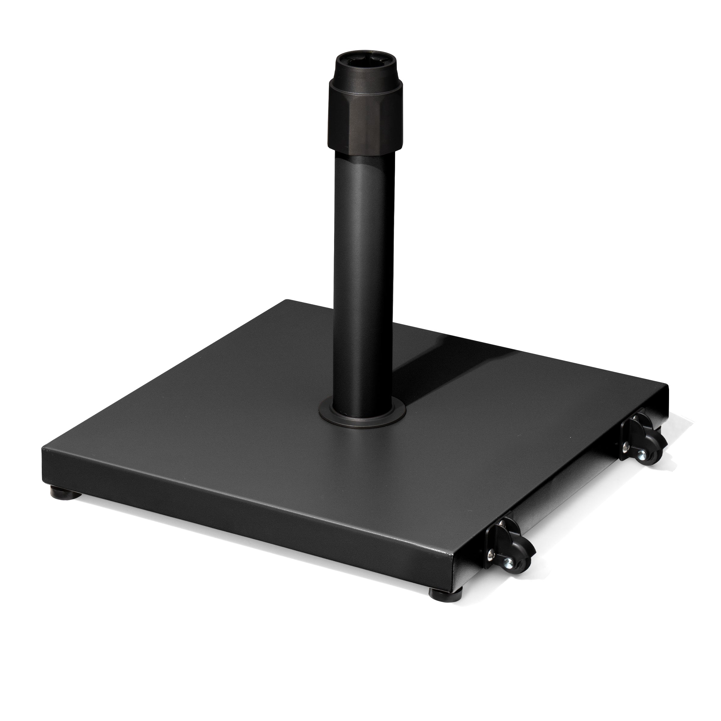 Black steel umbrella base with wheels and upright pole mount, square platform