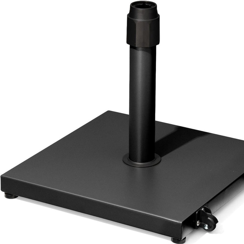 Black umbrella base with central steel pole and corner wheels on square tray