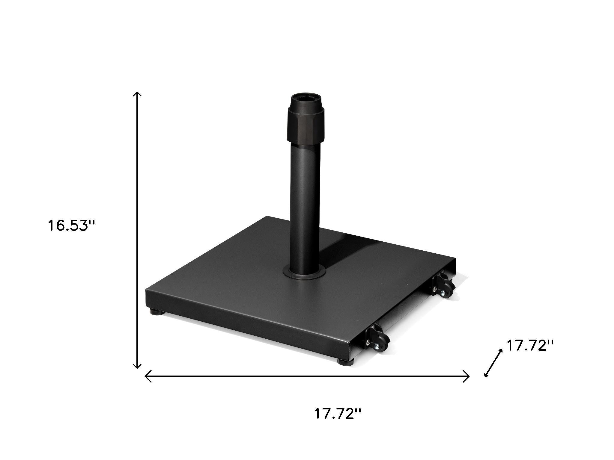 Umbrella base dimensions: 17.72 in square, 16.53 in tall; wheels and pole mount