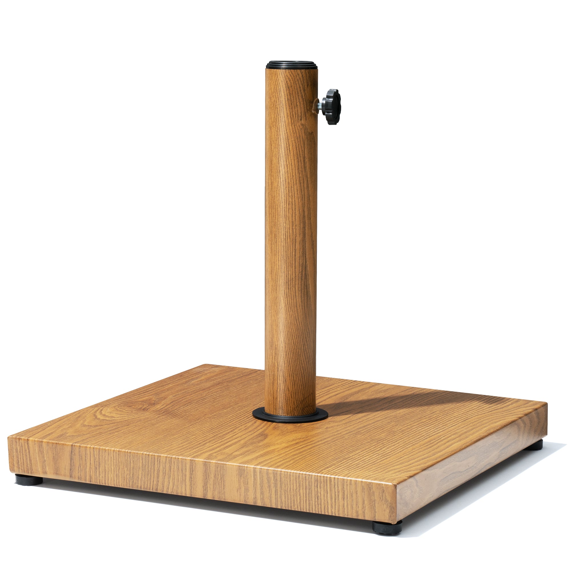 Wood-toned steel umbrella base with black mounting collar and fillable pole