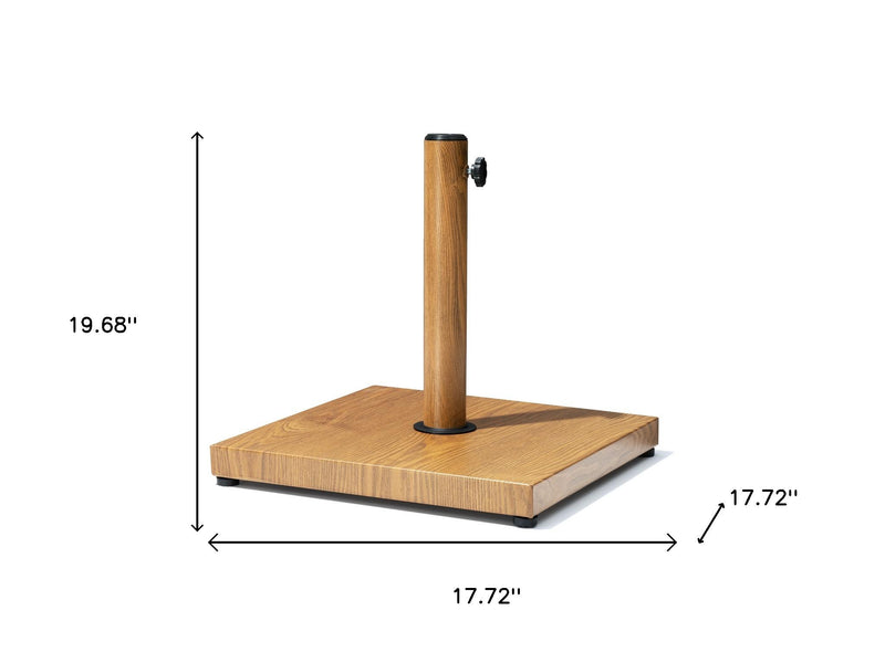 Adjustable steel umbrella base with wood-toned column, 19.68" x 17.72" markings