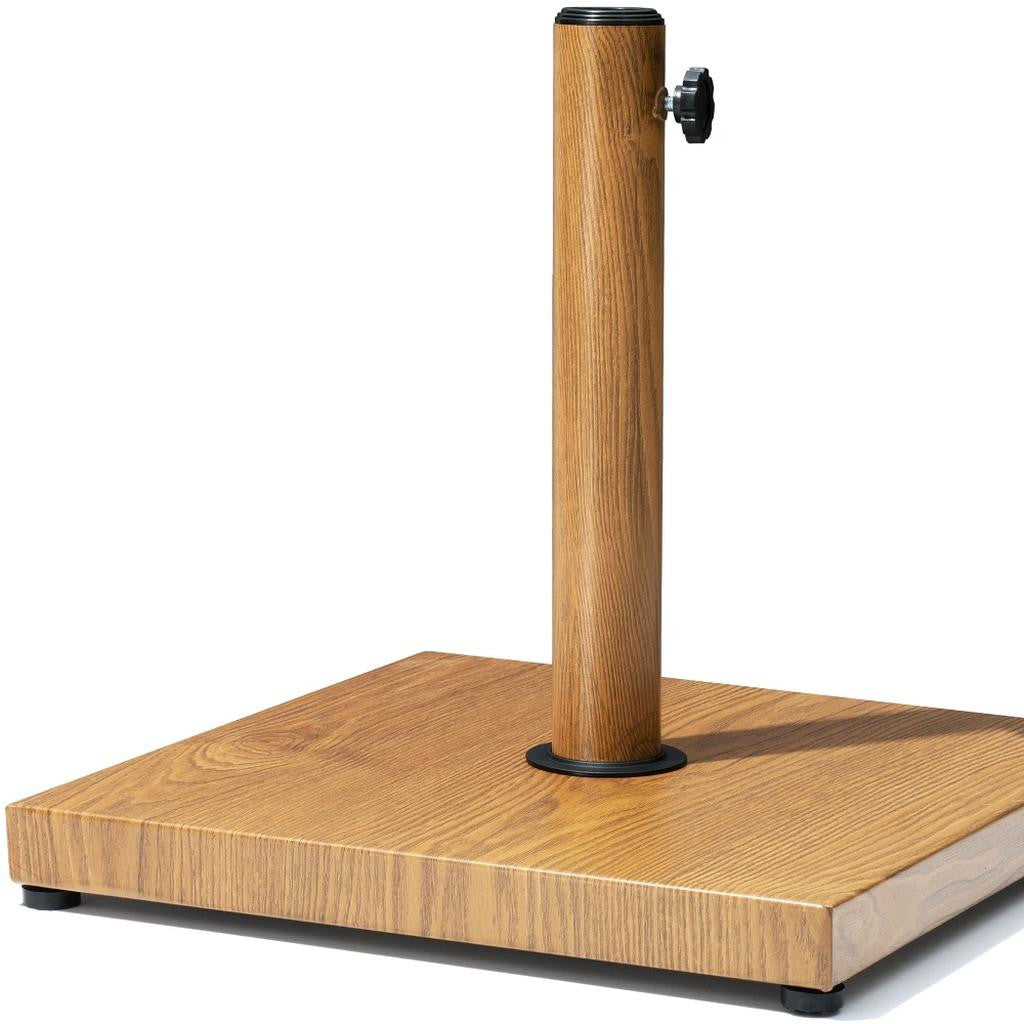 Wood-toned steel umbrella base with tall pole and black round base feet