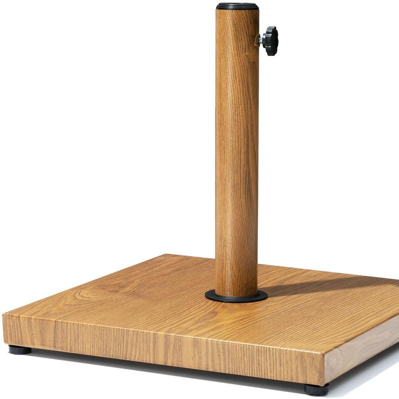 Wood-toned steel umbrella base with tall pole and black round base feet