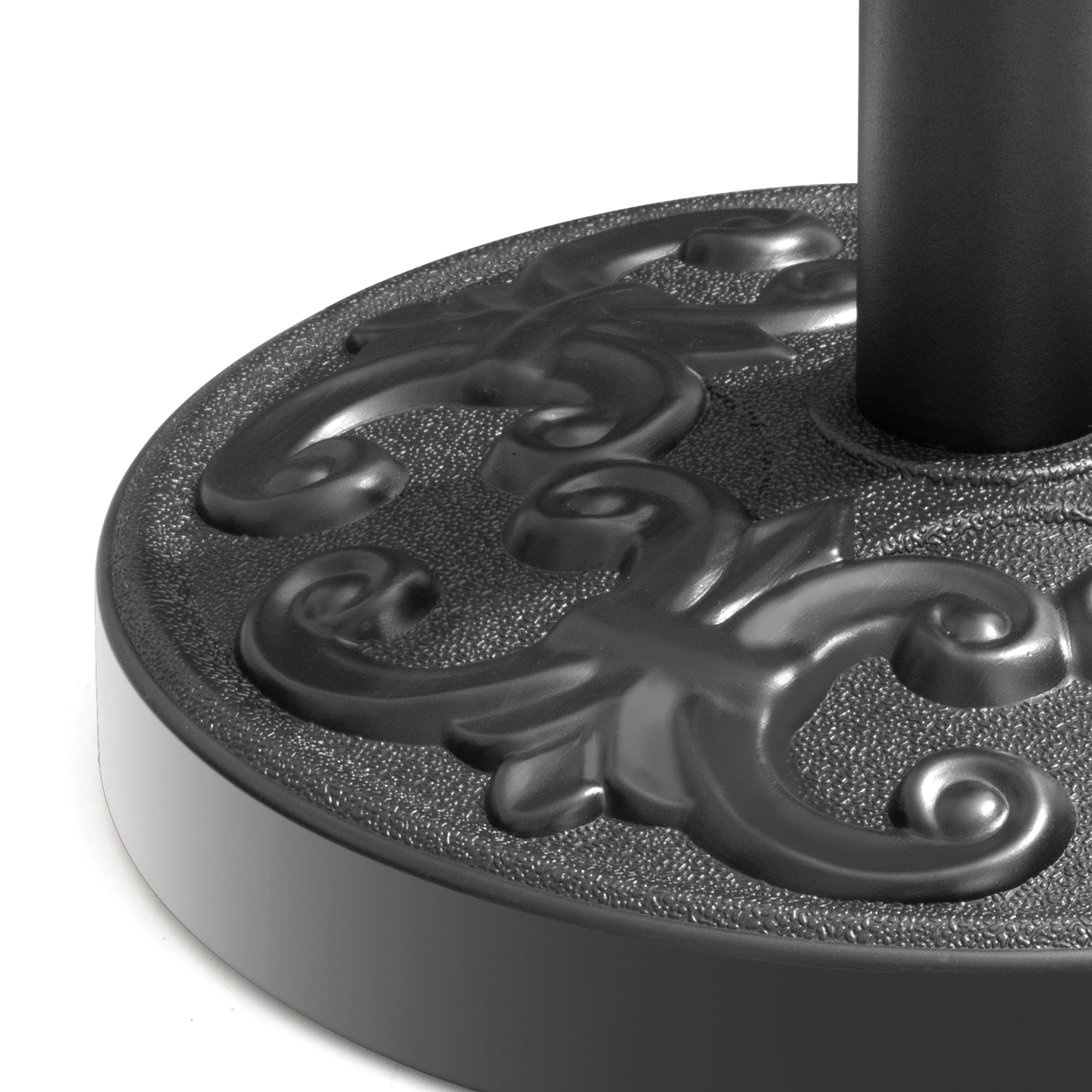 Black umbrella base plate with decorative molded pattern and central pole opening
