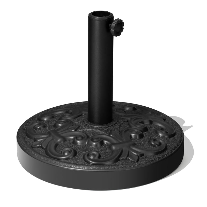 Black in-ground umbrella base with textured circular plate and adjustable pole