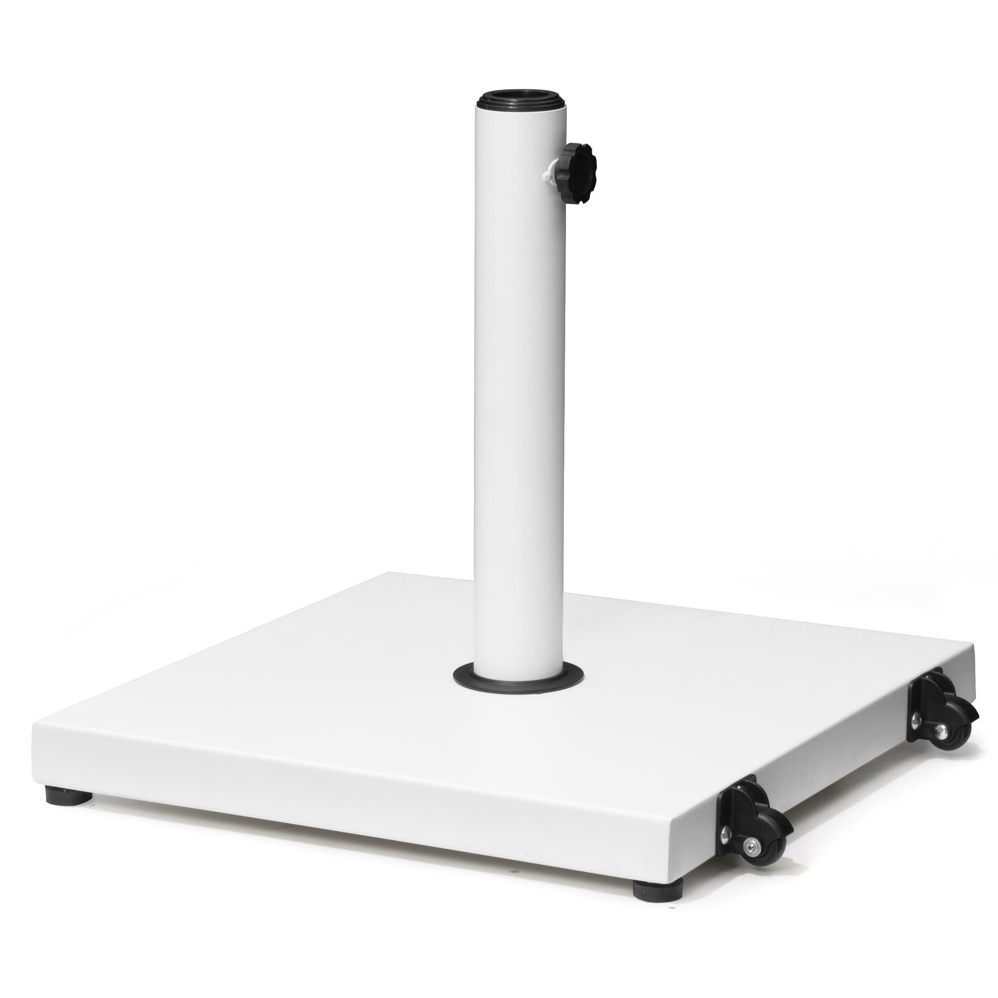 White steel umbrella base with central pole, adjustment knob, and four caster wheels