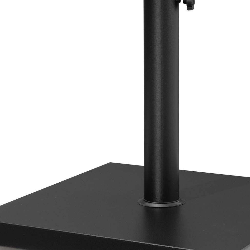 Black steel in-ground umbrella base with square plate and vertical pole