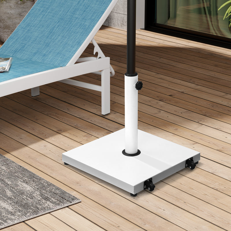 White umbrella base with central post, side knob, and rolling caster wheels on deck