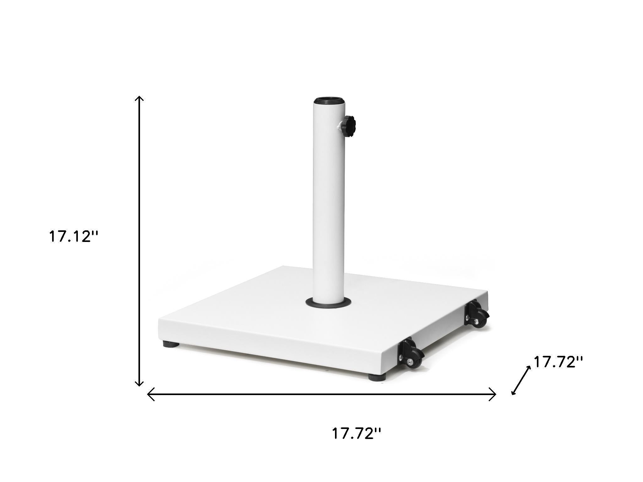 White umbrella base on wheels with central pole; approx. 17.72 in square footprint