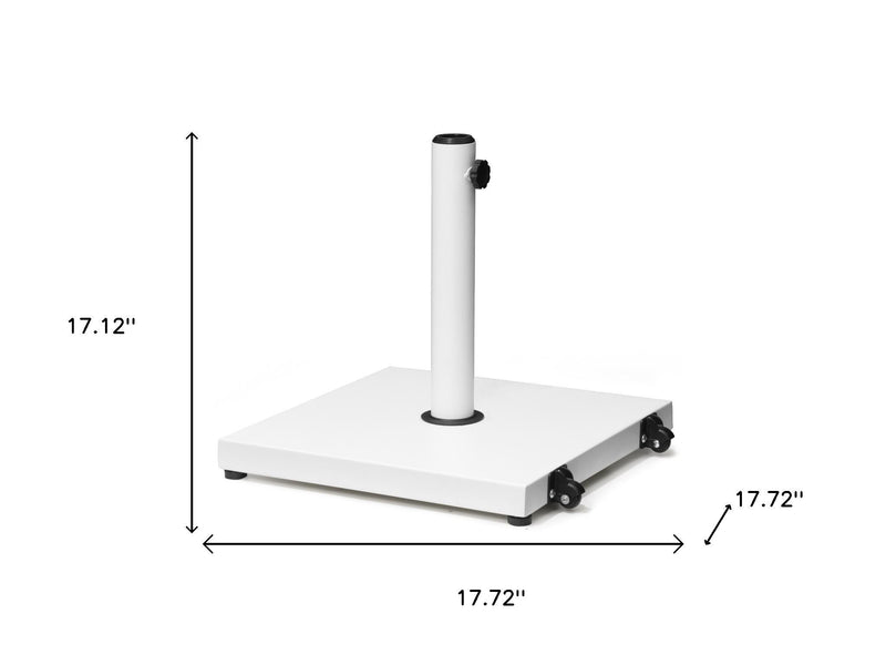 White umbrella base on wheels with central pole; approx. 17.72 in square footprint