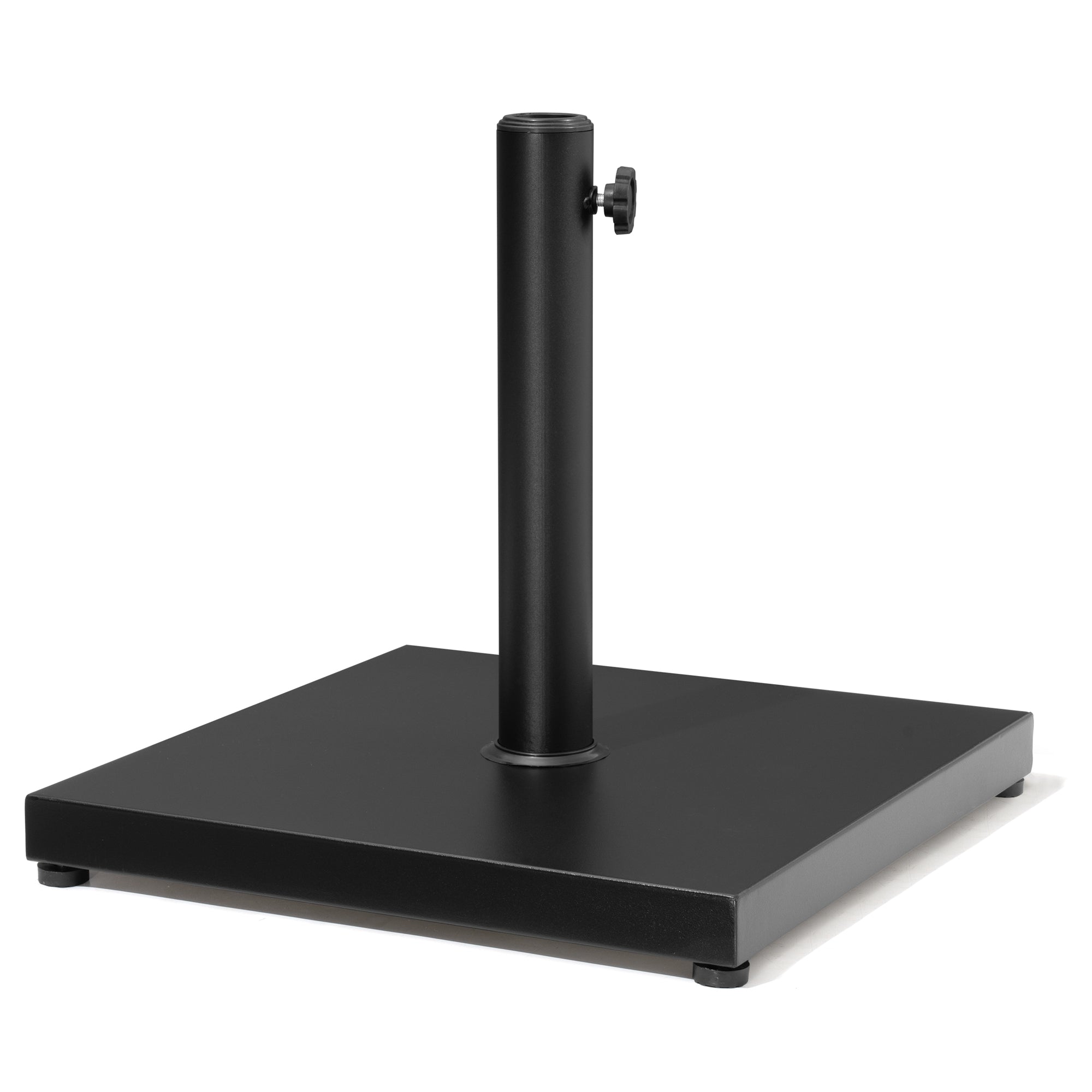 Black steel umbrella base with square plate, tall pole, and side adjustment knob