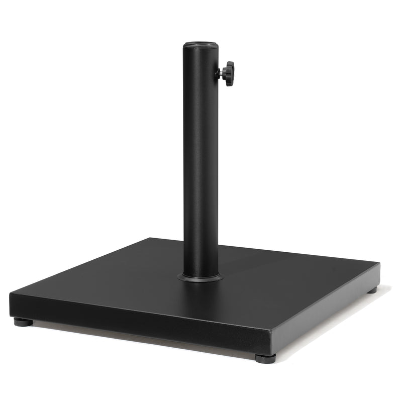 Black steel umbrella base with square plate, tall pole, and side adjustment knob