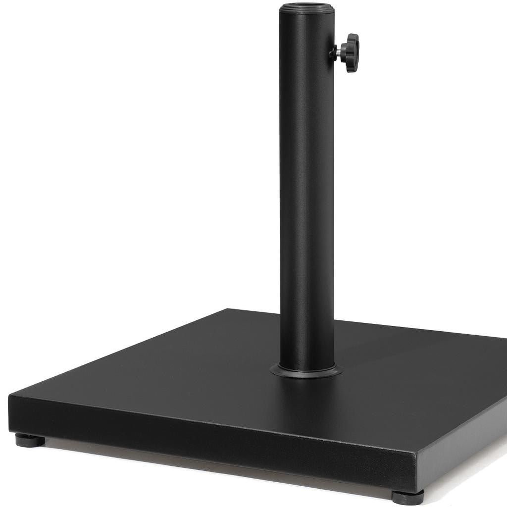 Black steel umbrella base with square base plate, upright pole, and adjustment knob