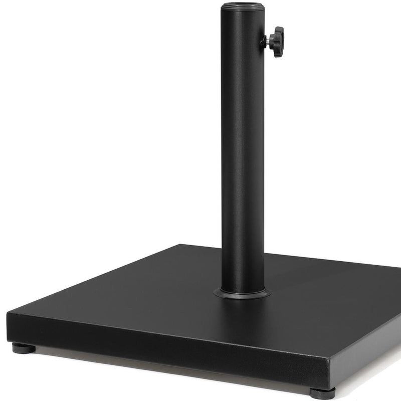 Black steel umbrella base with square base plate, upright pole, and adjustment knob