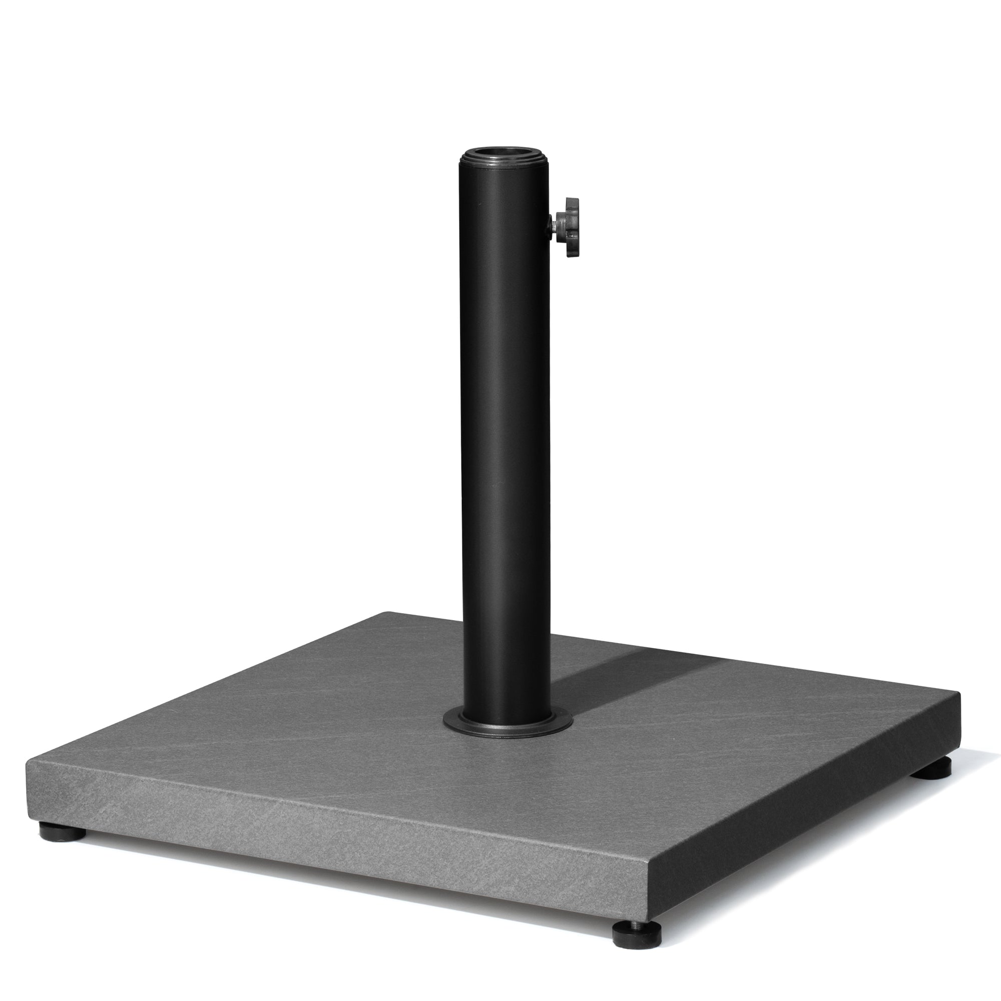 Gray steel umbrella base with square concrete-style weight and black post, fillable top
