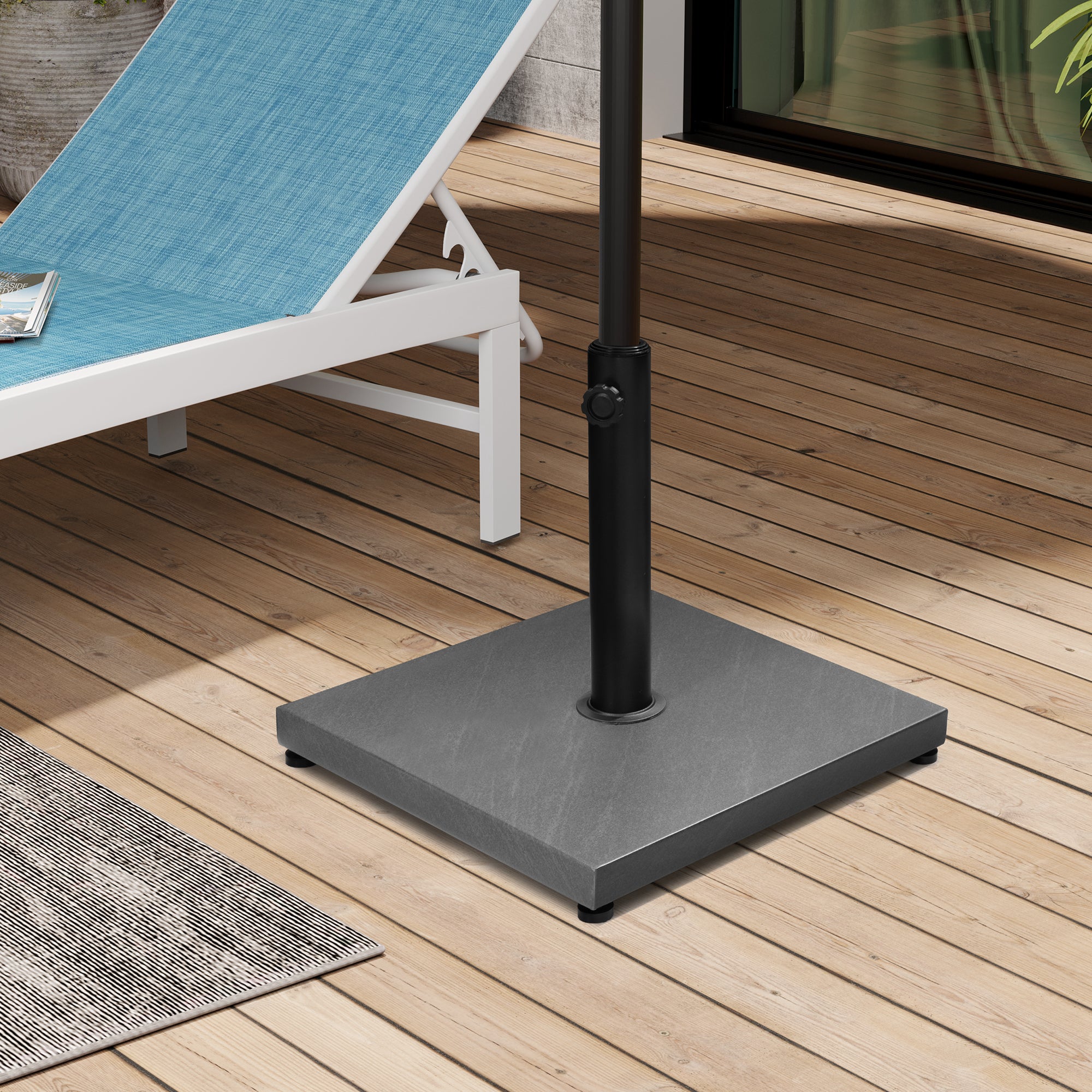 Umbrella base with square gray weight and black post with adjustable bracket