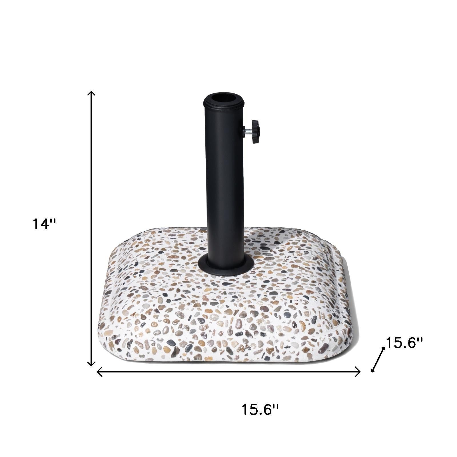 Stone-pattern umbrella base with black steel ground pole and adjustable side clamp