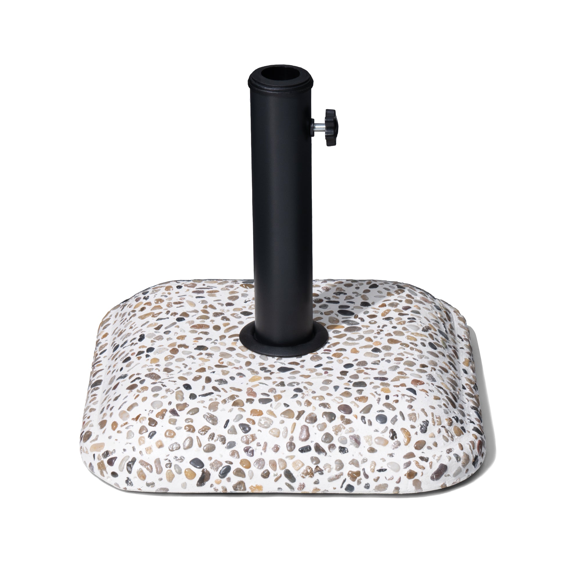Stone-pattern umbrella base with upright black steel pole and side adjustment lever