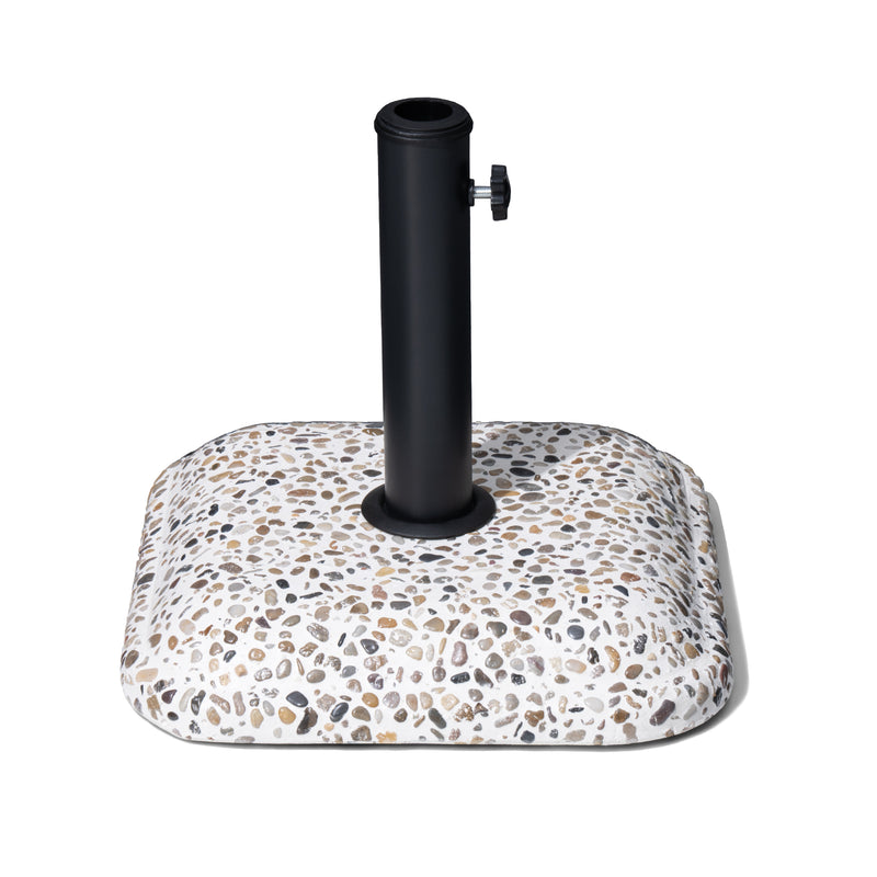 Stone-pattern umbrella base with upright black steel pole and side adjustment lever
