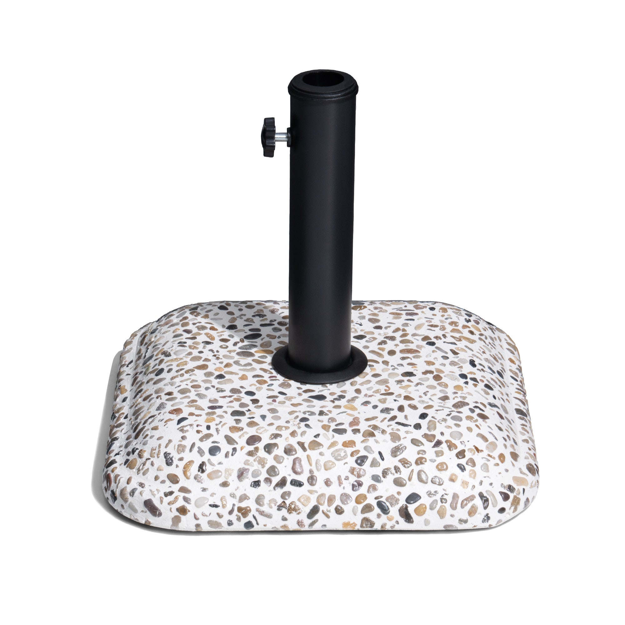 Umbrella base with black adjustable pole inserted into speckled stone-pattern base