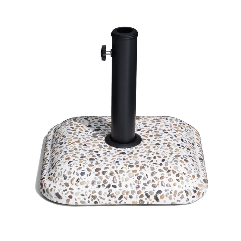 Umbrella base with black adjustable pole inserted into speckled stone-pattern base