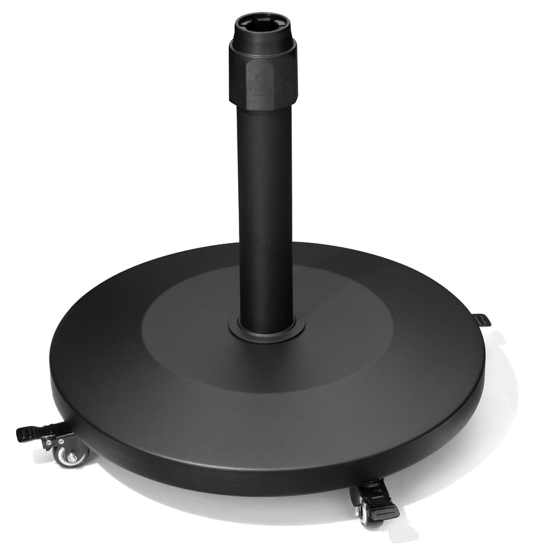 Round black umbrella base plate with central pole and caster wheels