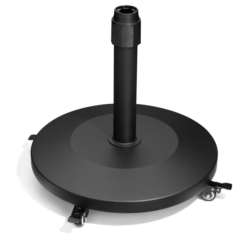 Black metal umbrella base with tall central post and caster wheels