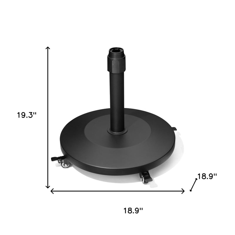 Umbrella base with central pole, round plate, and caster wheels