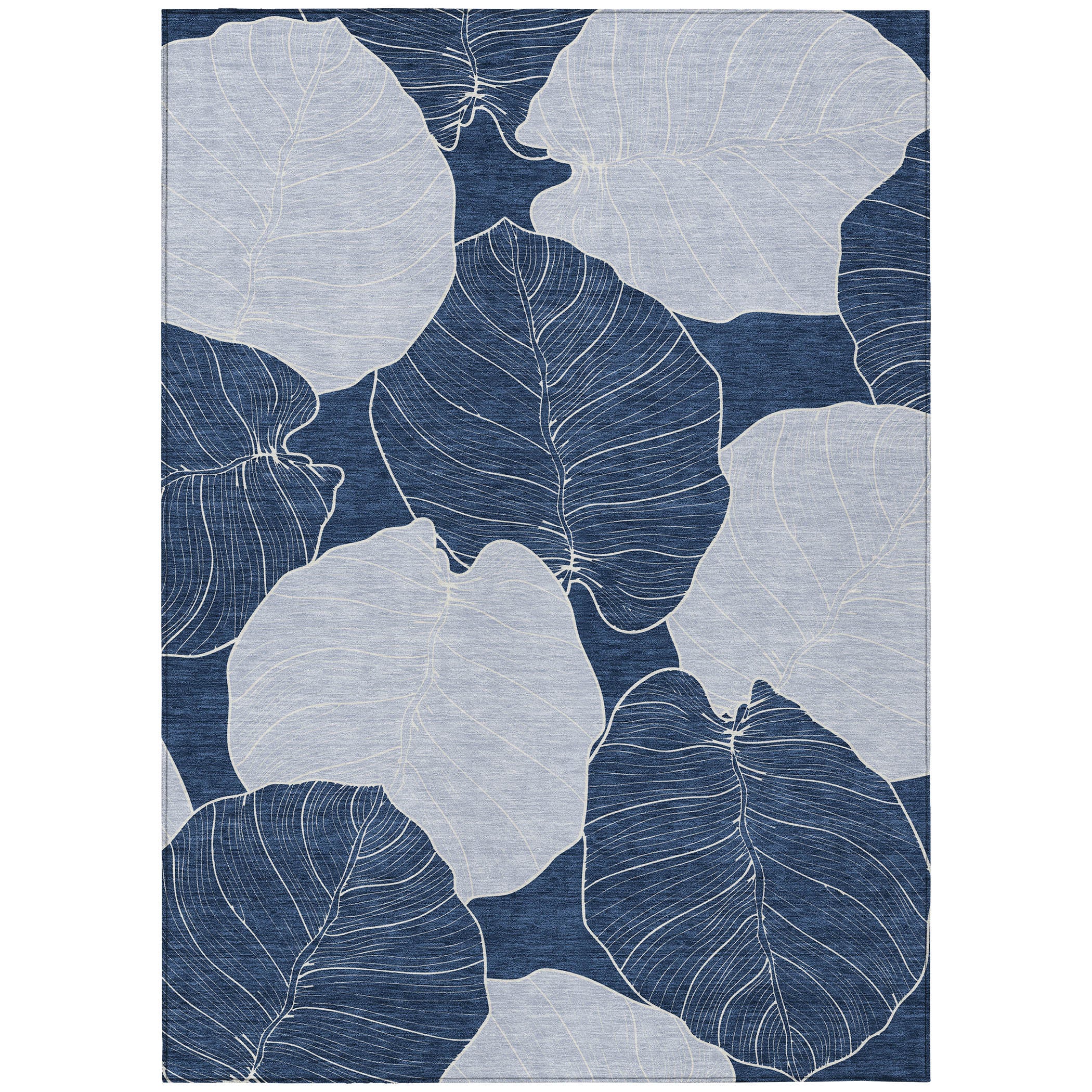 Indoor outdoor area rug with navy and ivory leaf floral pattern, rectangular.