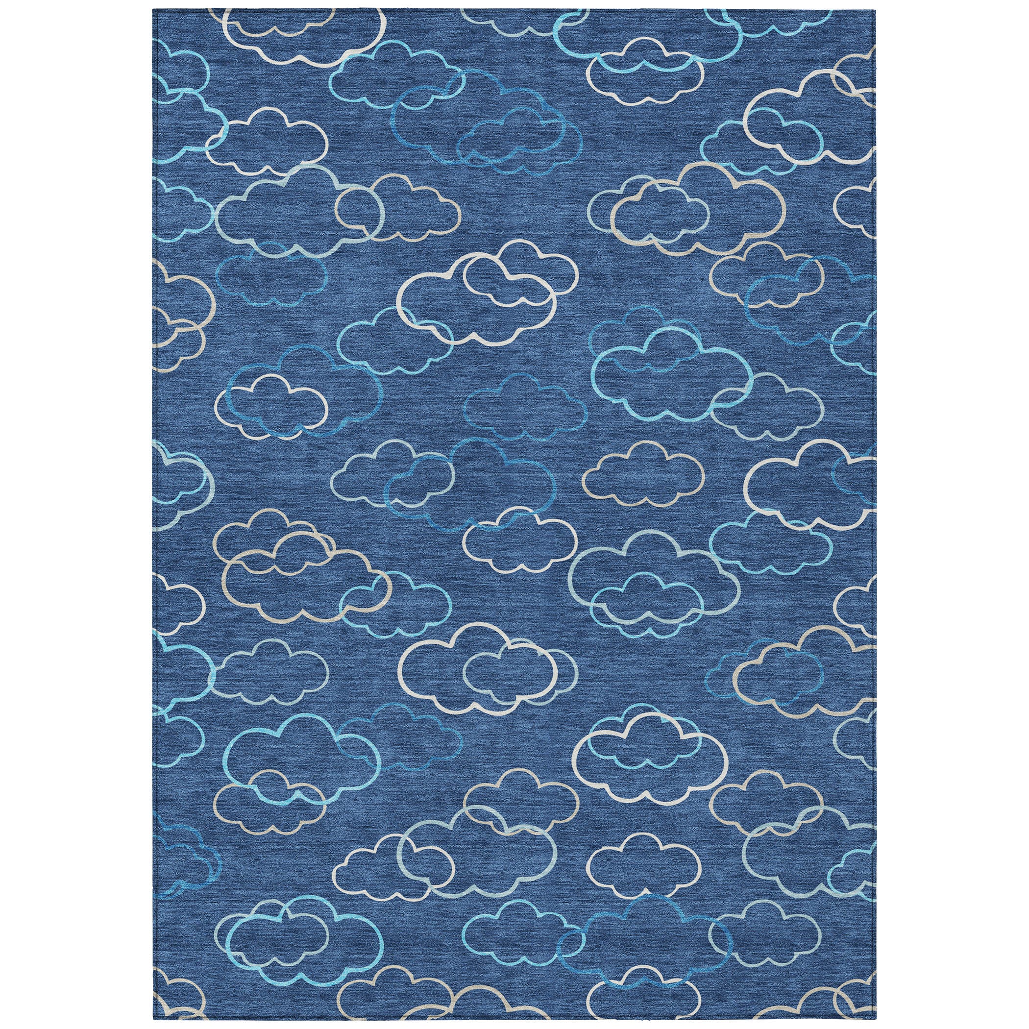 Navy area rug with all-over cloud pattern in teal and ivory linework