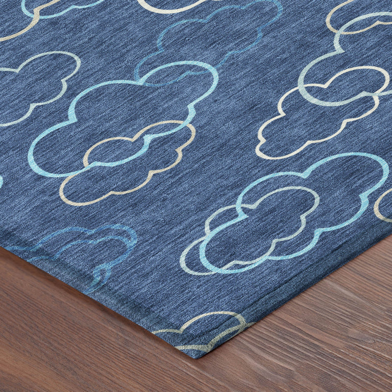 Navy area rug corner with teal and ivory cloud line pattern; washable