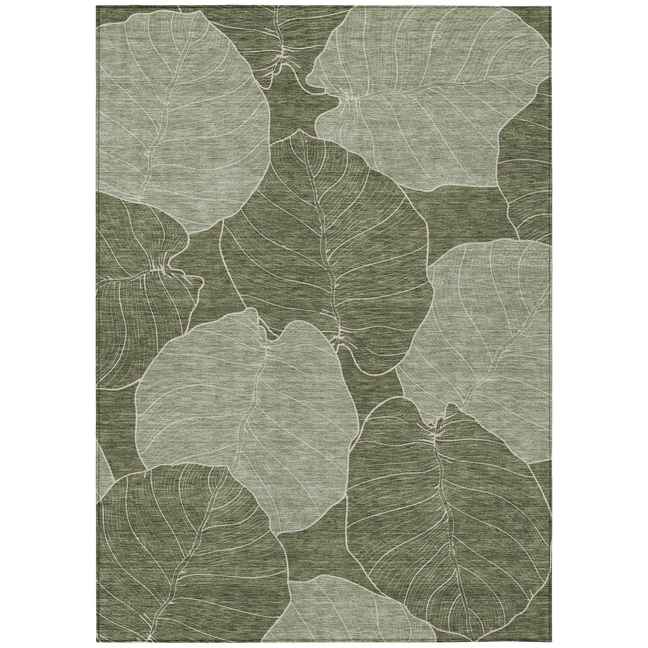 Olive green area rug with ivory floral leaf motif, flat woven design