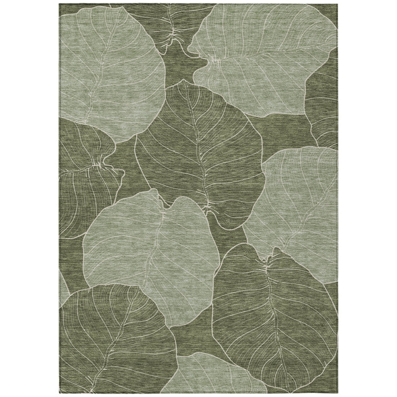 Olive green area rug with ivory floral leaf motif, flat woven design