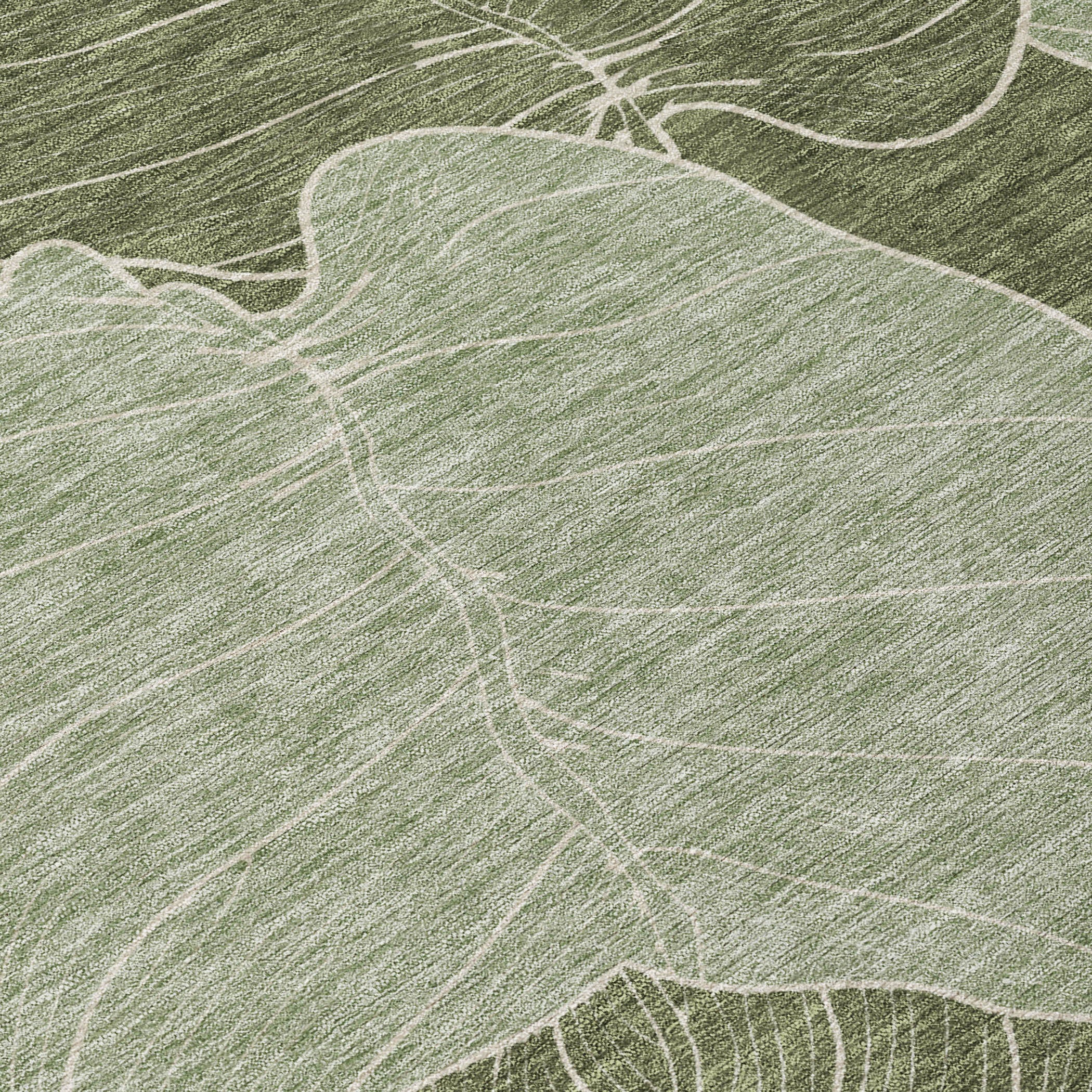 Olive green rug with ivory leaf outlines and linen-like textured surface