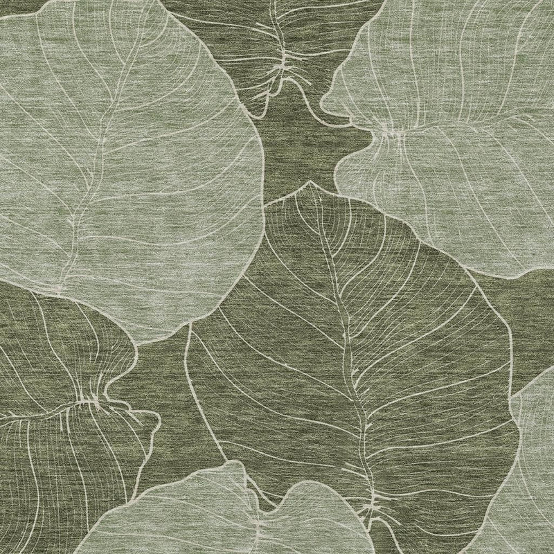 Olive green area rug with ivory leaf outlines and textured linear detailing