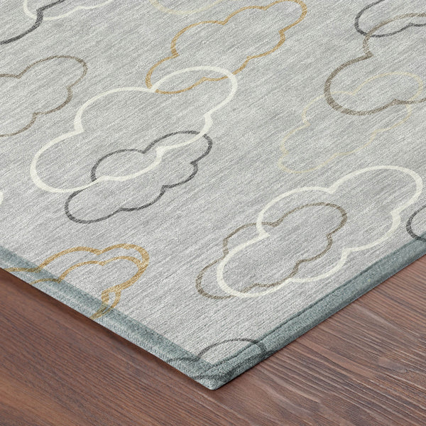 Silver abstract area rug with cloud-like line patterns in beige and gray